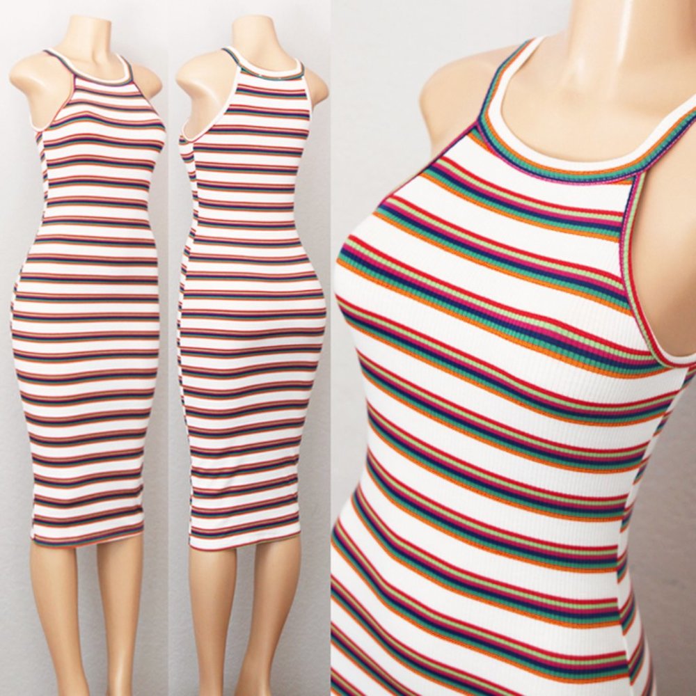 Retro Colorful Striped High Halter Rib Midi Dress